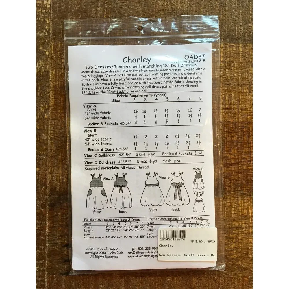 Olive Ann Designs Sewing Pattern OAD87 Charlie Jumper Dress Girl Doll 2-8 UNCUT